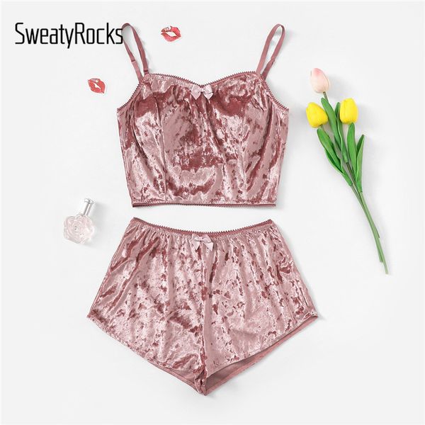 sweatyrocks bow detail velvet cami pajama set solid spaghetti strap pajamas for women sleeveless summer couple pajamas, Blue;gray
sweatyrocks bow detail velvet cami pajama set solid spaghetti strap pajamas for women sleeveless summer couple pajamas, Blue;gray