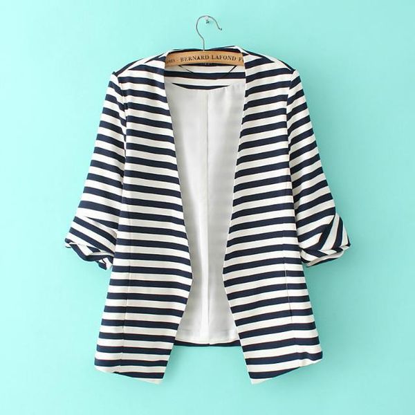 2019 modest formal female clothing spring women's fashion navy white striped long sleeve slim fitted open front blazer, White;black
2019 modest formal female clothing spring women's fashion navy white striped long sleeve slim fitted open front blazer, White;black