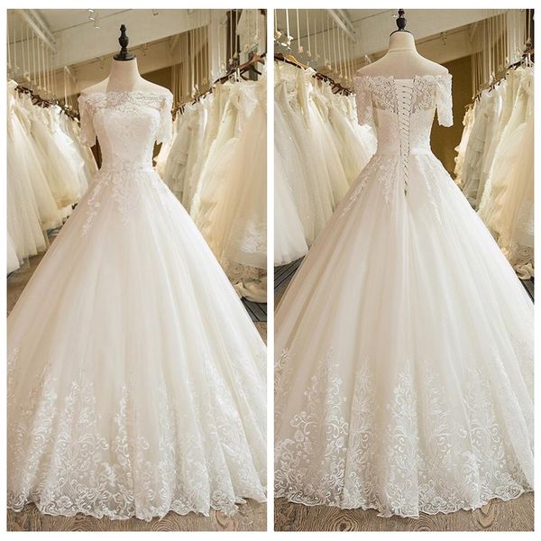 2021 modern bateau short sleeves lace appliques a-line wedding dresses bridal dresses plus size bridal gowns lace up back, White
2021 modern bateau short sleeves lace appliques a-line wedding dresses bridal dresses plus size bridal gowns lace up back, White