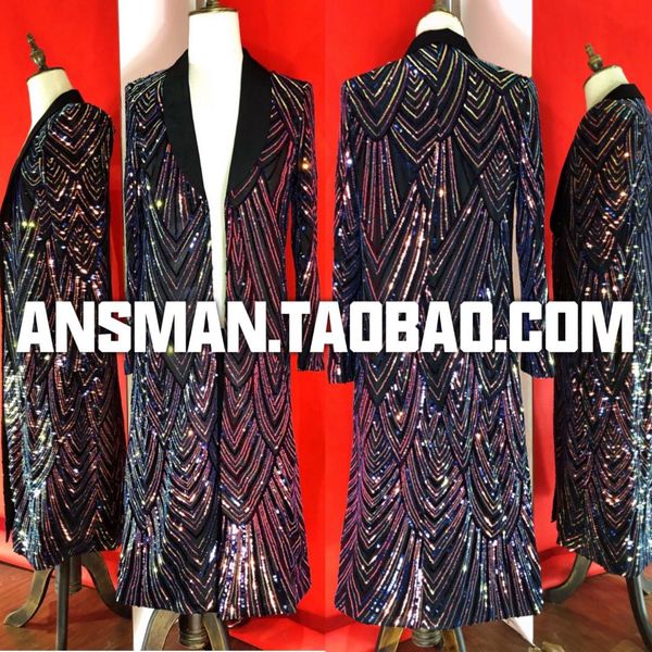 2020 new male singer dj long colorful purple embroidered suit jacket fashion sequins long suit costume coat, White;black
2020 new male singer dj long colorful purple embroidered suit jacket fashion sequins long suit costume coat, White;black