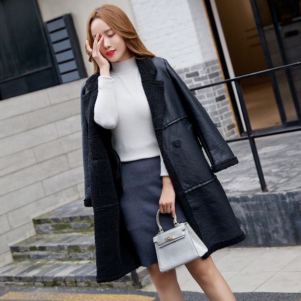 women leather-look shearling coat faux fur notched collar outwer trim longline coats ladies outwear shaggy coat pu leather 2018, Black
women leather-look shearling coat faux fur notched collar outwer trim longline coats ladies outwear shaggy coat pu leather 2018, Black