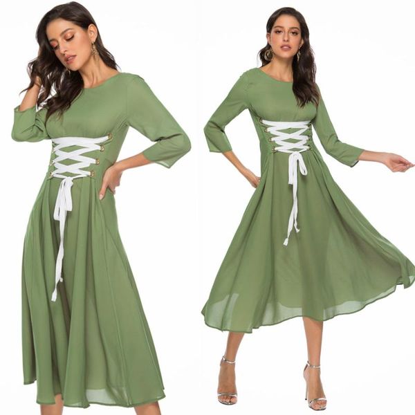 women's dress 2020 summer new round neck mid-sleeved big swing hit color bandage waist long dress, White;black
women's dress 2020 summer new round neck mid-sleeved big swing hit color bandage waist long dress, White;black