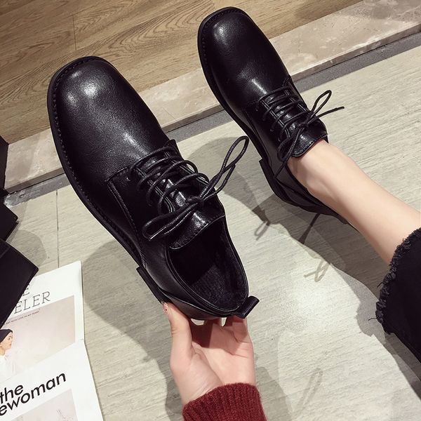 

new leisure leather sewing skate shoes flat women shoes ballet lace up concise sneaker women flats casual, Black