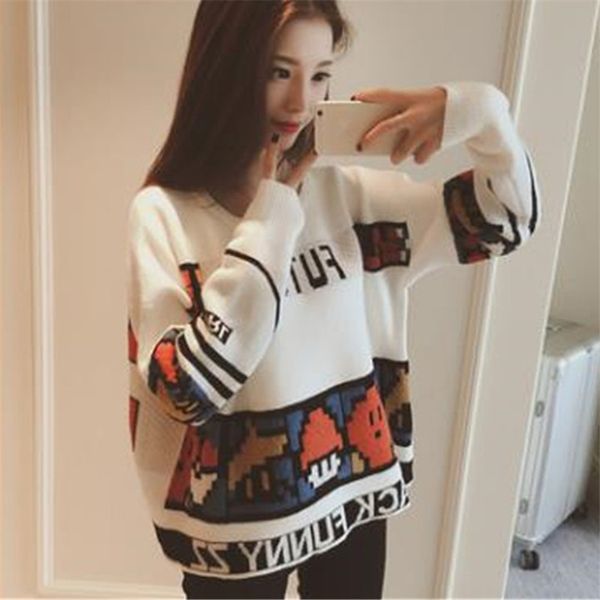 2019 autumn winter new lady knitted sweater women o-neck cartoon loose casual sweater long sleeves pullover 75563, White;black
2019 autumn winter new lady knitted sweater women o-neck cartoon loose casual sweater long sleeves pullover 75563, White;black