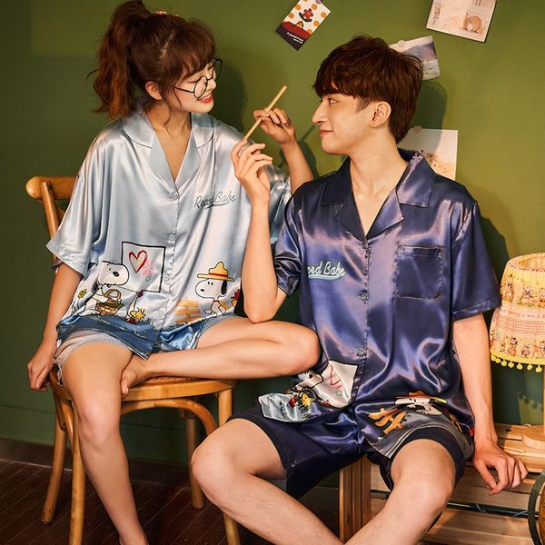 couple pajamas female ice silk short sleeve thin pajamas simulation cute two-piece suit simulation silk men's home wear, Blue;red
couple pajamas female ice silk short sleeve thin pajamas simulation cute two-piece suit simulation silk men's home wear, Blue;red