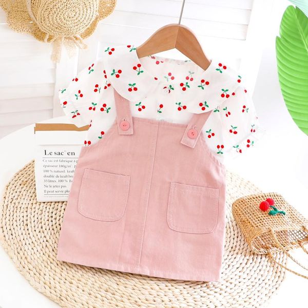 2020 summer girls clothes two piece suit cherry printed doll collar t-shirt bib skirt school style children's clothing sets, White
2020 summer girls clothes two piece suit cherry printed doll collar t-shirt bib skirt school style children's clothing sets, White