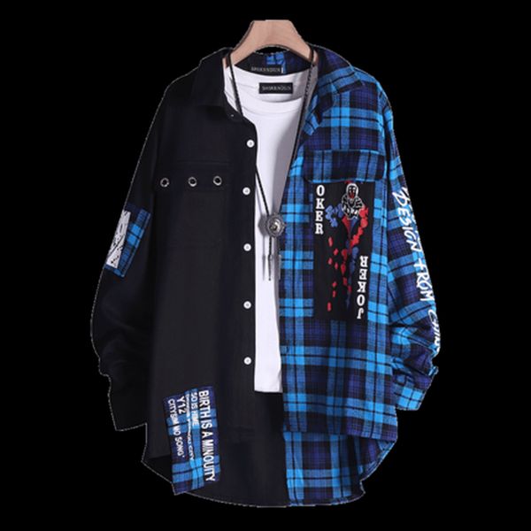 

hip hop patchwork casual shirts men shirt long sleeve japanese streetwear plaid shirt harujuku dropshipping 2018 50r0005, White;black