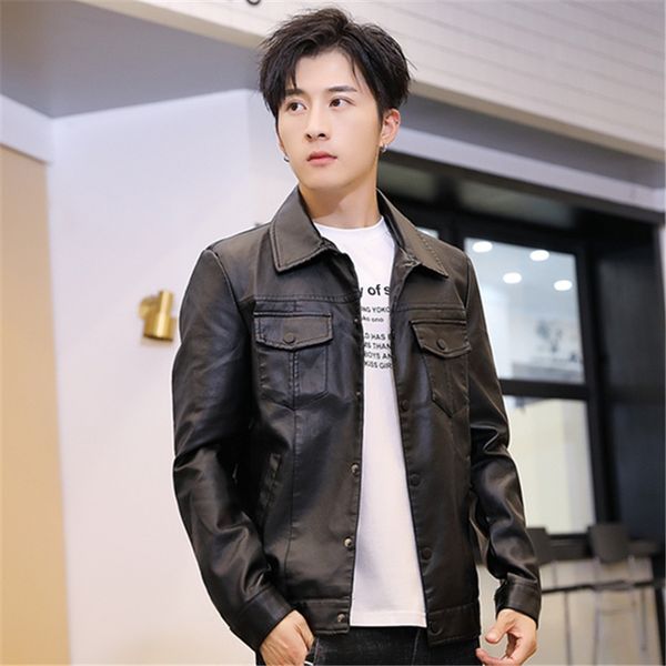 men spring and autumn fold-down collar leather coat youth trend casual slim fit fashion korean-style handsome men's coat leather, Black
men spring and autumn fold-down collar leather coat youth trend casual slim fit fashion korean-style handsome men's coat leather, Black