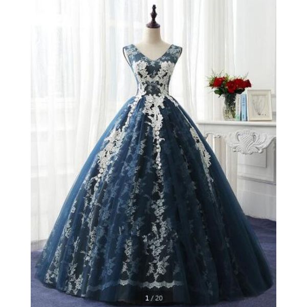 ball gown cap sleeve lace appliques prom dress real picture v neckline princess formal prom gowns, Black
ball gown cap sleeve lace appliques prom dress real picture v neckline princess formal prom gowns, Black