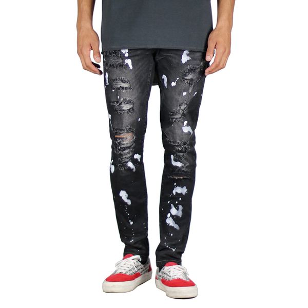 men jeans fashion design stretchy paint ripped jeans, Blue