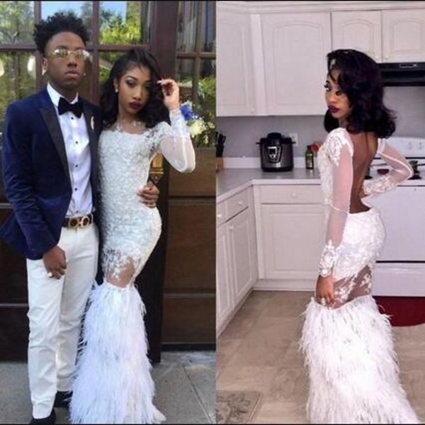 white feather mermaid prom dresses jewel sheer neck backless party gowns illusion long sleeves floor length formal evening dresses, Black
white feather mermaid prom dresses jewel sheer neck backless party gowns illusion long sleeves floor length formal evening dresses, Black