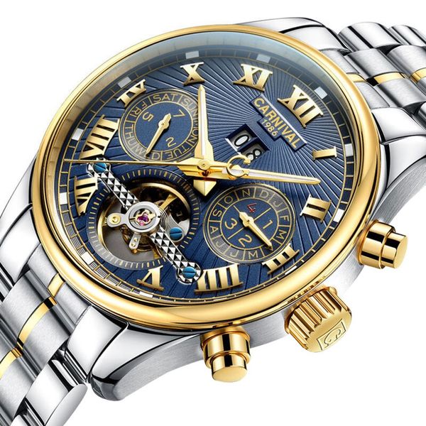 carnival mens multifunction holllow-out dial steel watchband automatic self-wind mechanical watch - gold bezel blue dial, Slivery;brown
carnival mens multifunction holllow-out dial steel watchband automatic self-wind mechanical watch - gold bezel blue dial, Slivery;brown