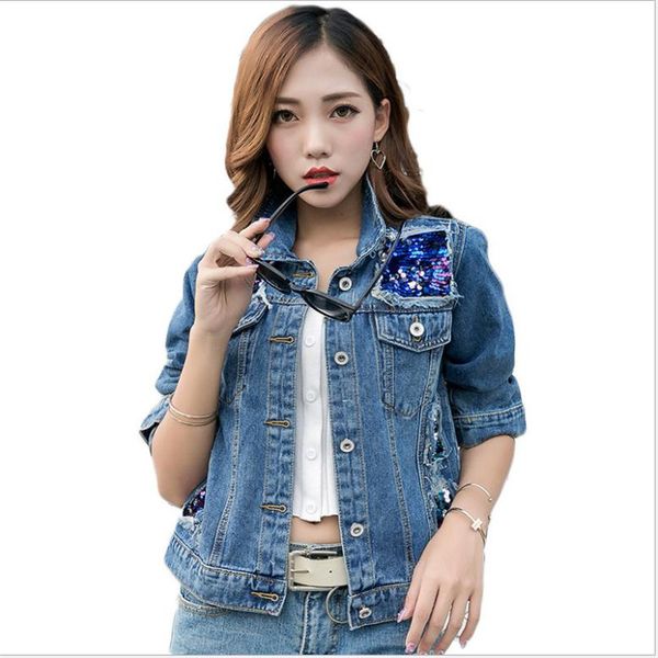 2019 fashion streetwear women denim jacket female turn-down collar button sequins denim coats women thin slim holes cq2845, Black;brown
2019 fashion streetwear women denim jacket female turn-down collar button sequins denim coats women thin slim holes cq2845, Black;brown
