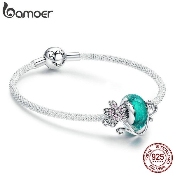 bamoer authentic 925 sterling silver daisy flower green glass beads strand charms bracelets for women 925 silver jewelry scb822, Golden;silver