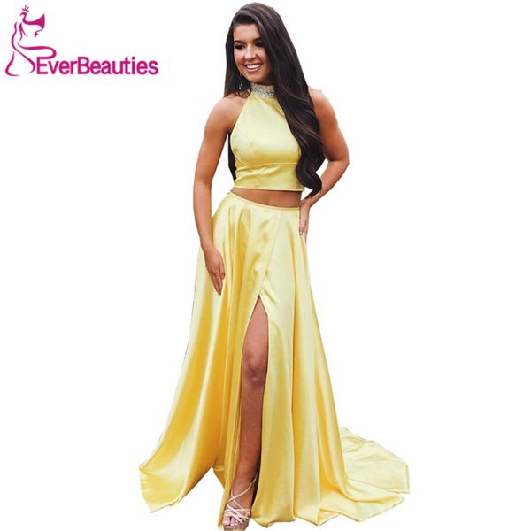 a-line long prom dresses 2019 high neck two-pieces satin with high split yellow formal dresses, White;black
a-line long prom dresses 2019 high neck two-pieces satin with high split yellow formal dresses, White;black