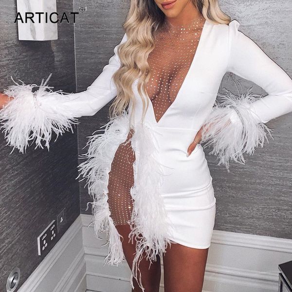 

Casual Dresses Sexy See Through Sequin Mesh Patchwork Women Deep V White Feather Mini Party Dress Ladies Nightclub Vestidos, Black
