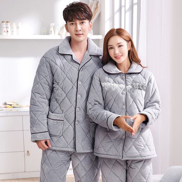 

couples quilted coral fleece pajamas women three layer thickening warm velvet household men's or women's suit winter sleepwear, Blue;gray