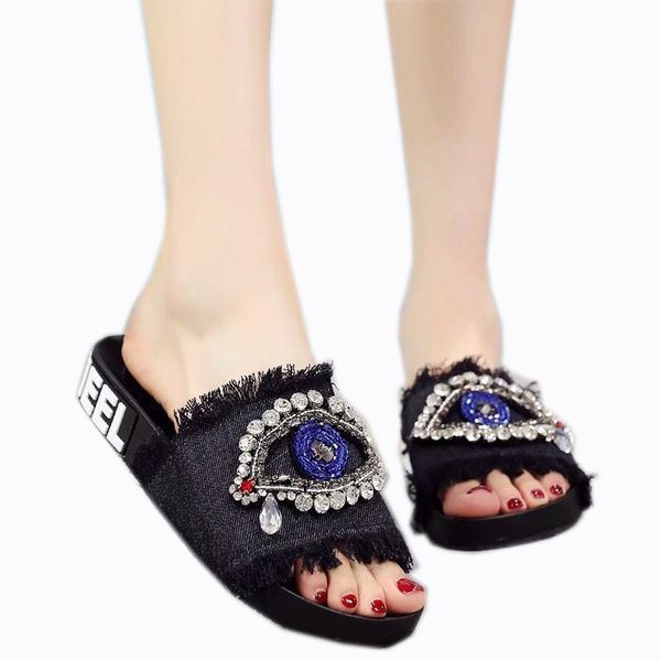 2020 new designer luxury outdoor denim fringe slippers, big eye pattern, comfortable and breathable size 35-39, Black 
2020 new designer luxury outdoor denim fringe slippers, big eye pattern, comfortable and breathable size 35-39, Black