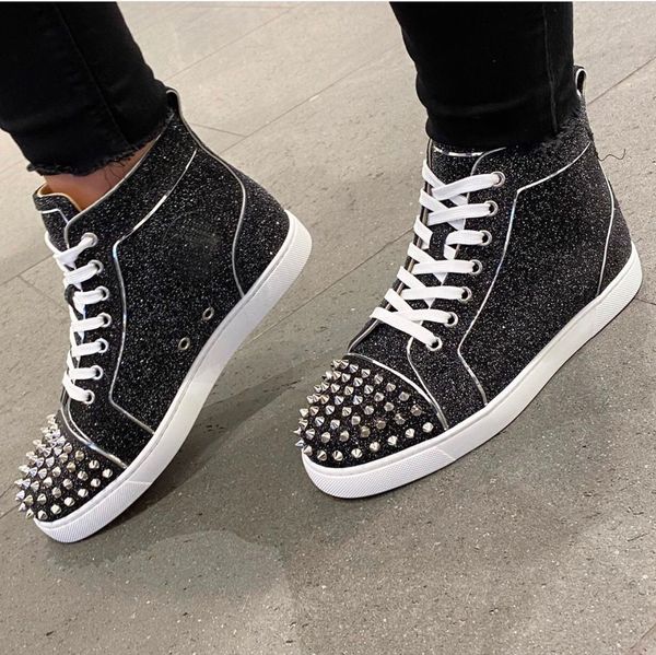 popular men's black glitter leather spikes casual shoes high red bottom sneaker studs walking party couple sports party,wedding eu35-47
popular men's black glitter leather spikes casual shoes high red bottom sneaker studs walking party couple sports party,wedding eu35-47
