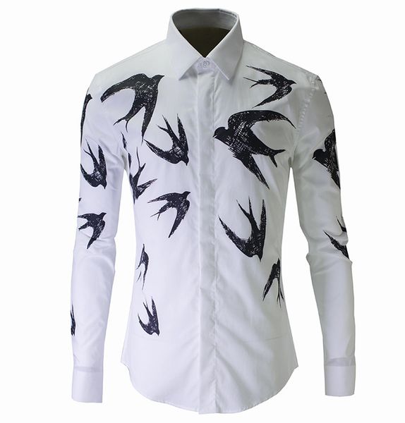 creativity swallow printing men's wear long sleeve shirt men shirt men's, White;black
