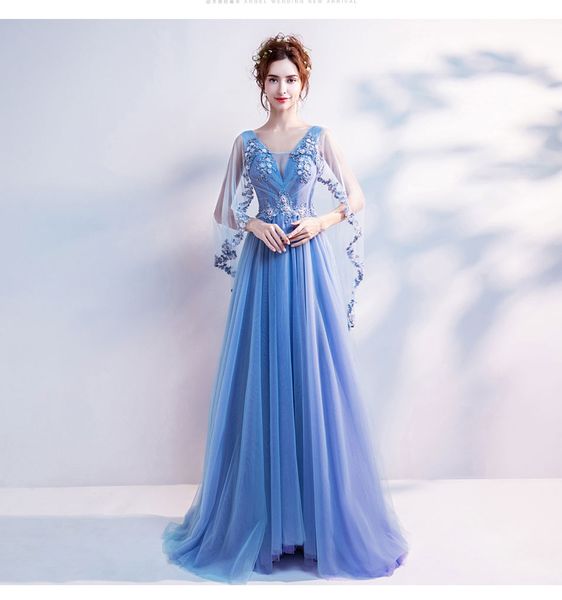 light sky blue tulle evening dresses a line appliqued v neck lace up open back special prom occasion gown, Black
light sky blue tulle evening dresses a line appliqued v neck lace up open back special prom occasion gown, Black
