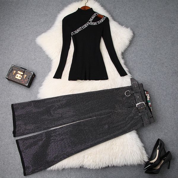 european and american women's clothing 2018 winter new style long-sleeved letter sweater drilling wide-legged pants suit, White
european and american women's clothing 2018 winter new style long-sleeved letter sweater drilling wide-legged pants suit, White