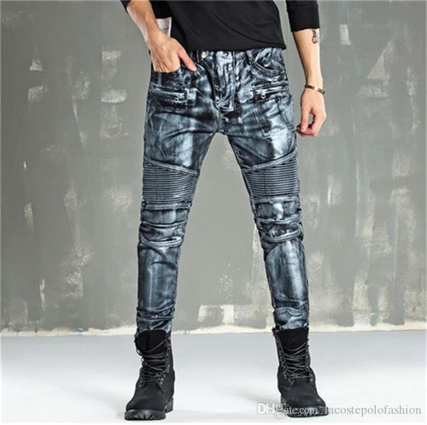 mens designer jeans fashion light metallic luster skinny pencil pants zipper fly vintage hemme coated jeans, Blue
mens designer jeans fashion light metallic luster skinny pencil pants zipper fly vintage hemme coated jeans, Blue