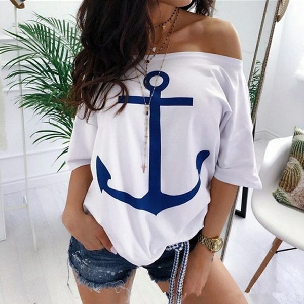 2020 summer new anchor print short tshirts women off the shoulder cotton shirts loose casual half sleeved tees s-5xl, White
2020 summer new anchor print short tshirts women off the shoulder cotton shirts loose casual half sleeved tees s-5xl, White