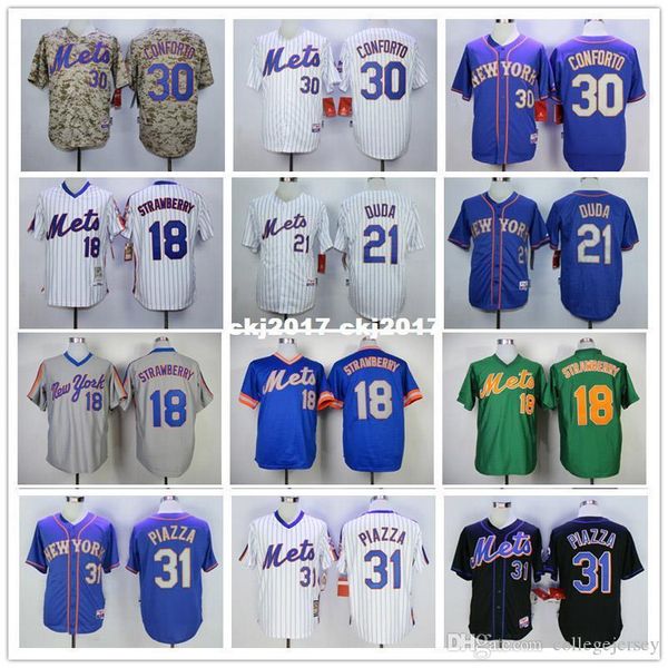 

men 18 darryl strawberry 21 lucas duda 31 mike piazza retro jersey new color blue green gray camo white size:m-xxxl, Blue;black