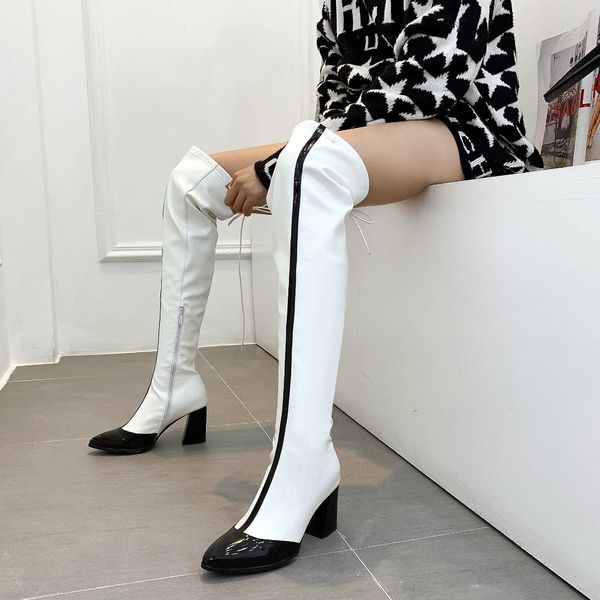 women boots woman winter shoes over the knee patent pu zip back knot high square heels pointed toe new fashion sb299, Black
women boots woman winter shoes over the knee patent pu zip back knot high square heels pointed toe new fashion sb299, Black