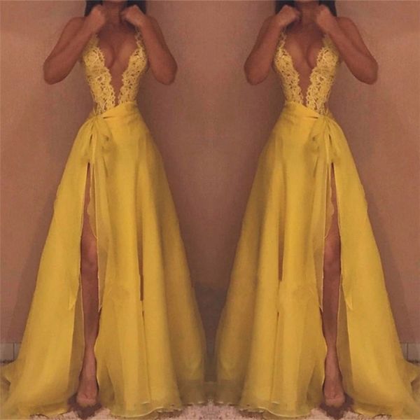 yellow deep v neck sleeveless prom dresses 2019 lace applique split side 30d chiffon long backless evening gowns, Black
yellow deep v neck sleeveless prom dresses 2019 lace applique split side 30d chiffon long backless evening gowns, Black