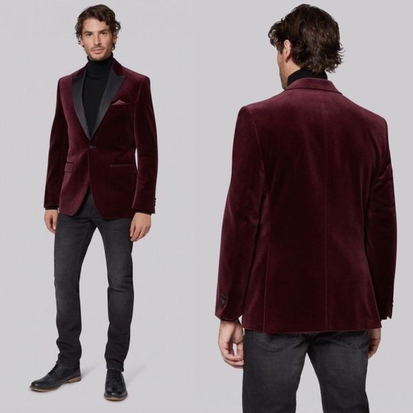 

burgundy velvet coat mens suits blazer jacket black notch lapel groom wedding tuxedos tailor fit custom made one piece jacket, Black;gray