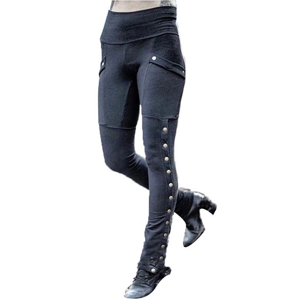 women's trousers pure color pocket pencil rivet elastic slim casual, Black