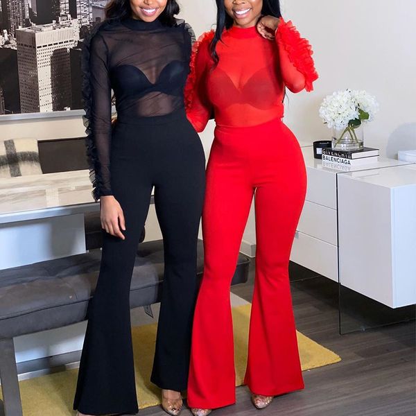 women solid flare pants two piece outfits ruffles long sleeve mesh sheer trousers club suits 2019 clothes sets, White
women solid flare pants two piece outfits ruffles long sleeve mesh sheer trousers club suits 2019 clothes sets, White