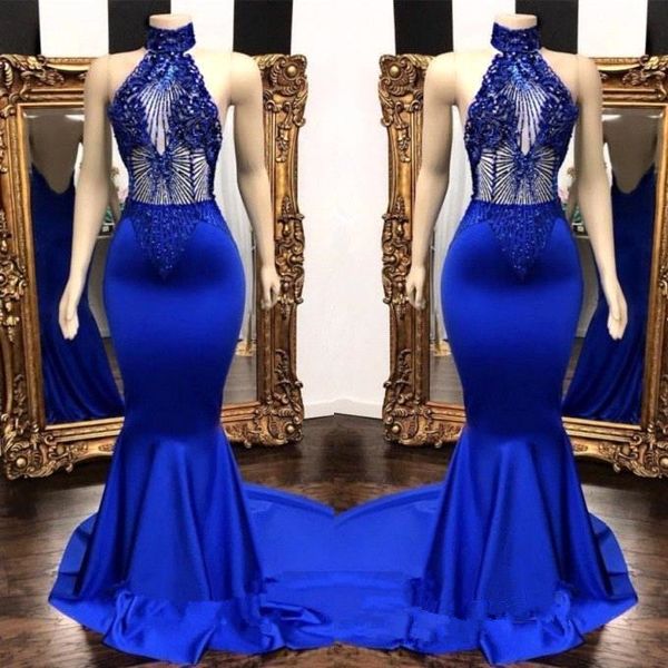 royal blue satin mermaid long prom dresses 2019 halter major beaded sequins formal sweep train party evening dresses bc0798, Black 
royal blue satin mermaid long prom dresses 2019 halter major beaded sequins formal sweep train party evening dresses bc0798, Black