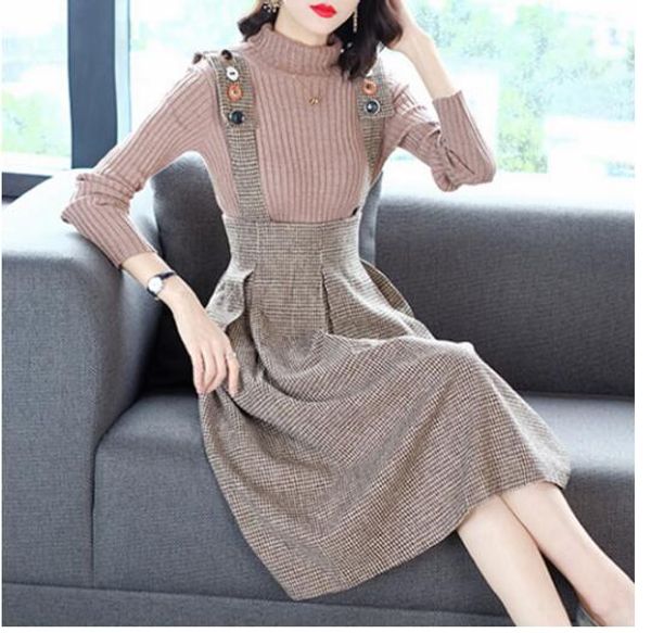 half turtleneck sweater sweater tartan woolen suspender skirt two-piece dress, White
half turtleneck sweater sweater tartan woolen suspender skirt two-piece dress, White