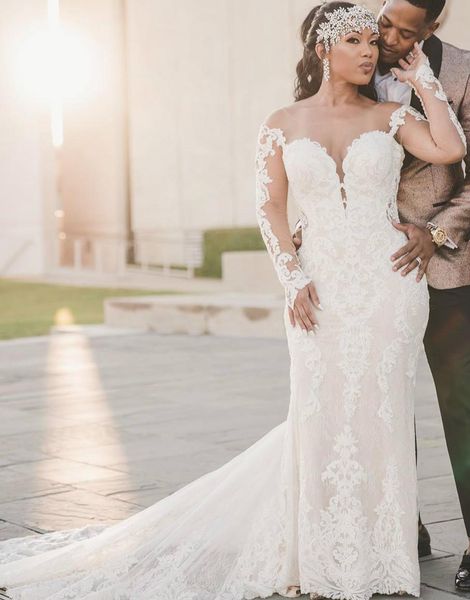 plus size arabic aso ebi backless lace mermaid wedding dresses sheer neck long sleeves bridal dresses vintage wedding gowns designer, White
plus size arabic aso ebi backless lace mermaid wedding dresses sheer neck long sleeves bridal dresses vintage wedding gowns designer, White