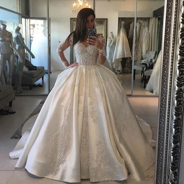 2019 luxury ball gown wedding dresses v neck lace appliques beaded long sleeves sation backless sweep train plus size bridal gowns vestidos, White
2019 luxury ball gown wedding dresses v neck lace appliques beaded long sleeves sation backless sweep train plus size bridal gowns vestidos, White