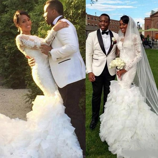 2020 african mermaid wedding dresses tiered long train new illusion long sleeves lace applique beaded jewel neck formal bridal gowns, White
2020 african mermaid wedding dresses tiered long train new illusion long sleeves lace applique beaded jewel neck formal bridal gowns, White