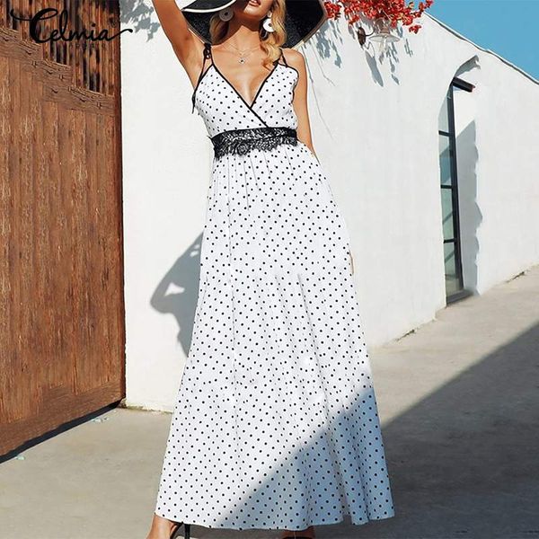 2019 celmia women spaghetti straps dot print maxi long dress casual v neck lace stitching summer beach vestidos plus size, Black;gray
2019 celmia women spaghetti straps dot print maxi long dress casual v neck lace stitching summer beach vestidos plus size, Black;gray