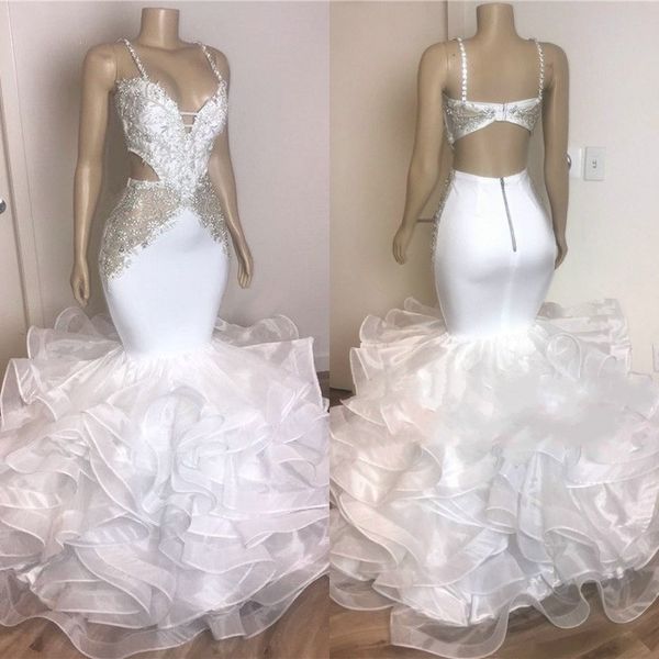 gorgeous spaghetti straps mermaid ruffles white prom dresses sleeveless open back tiered tulle evening gowns, Black
gorgeous spaghetti straps mermaid ruffles white prom dresses sleeveless open back tiered tulle evening gowns, Black
