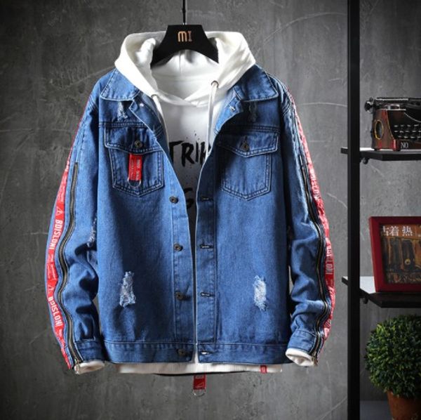 autumn new korean trend harajuku style men jean jacket boys casual red strip ripped high street denim coat, Black;brown
autumn new korean trend harajuku style men jean jacket boys casual red strip ripped high street denim coat, Black;brown