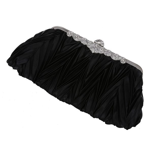 satin pleat black bridal/evening/party clutch handbag w/ rhinestones style