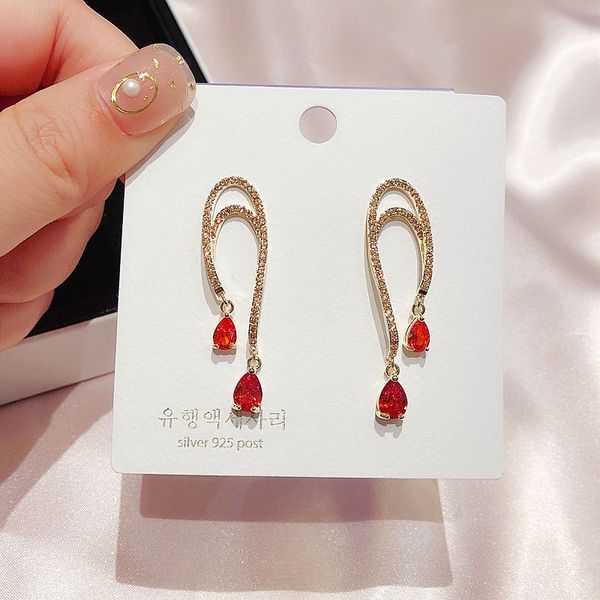 exquisite curve design red stone water drop earrings gold color cubic zircon earrings women party jewelry, Silver
exquisite curve design red stone water drop earrings gold color cubic zircon earrings women party jewelry, Silver