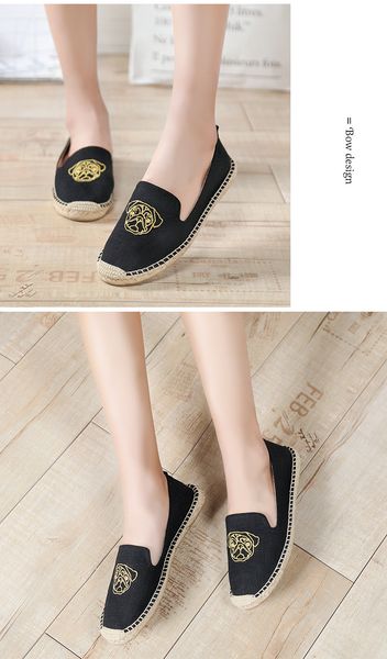 black classic flat espadrilles, embroidery gold dog pattern