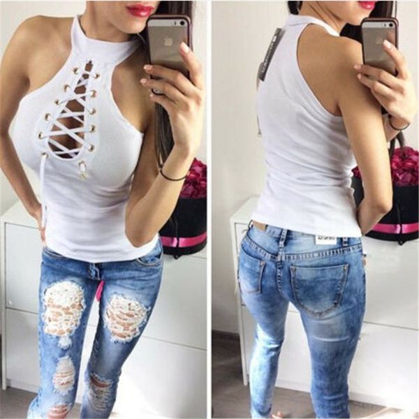 sleeveless bandage womens tank hanging neck slim ladies designer clothing summer casual fashion female tshirts, White
sleeveless bandage womens tank hanging neck slim ladies designer clothing summer casual fashion female tshirts, White