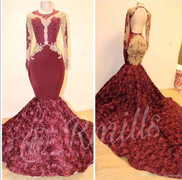 gorgeous burgundy long sleeve mermaid prom dresses open back gold lace appliques floral ruffles flower train evening party gown bc1311, Black
gorgeous burgundy long sleeve mermaid prom dresses open back gold lace appliques floral ruffles flower train evening party gown bc1311, Black