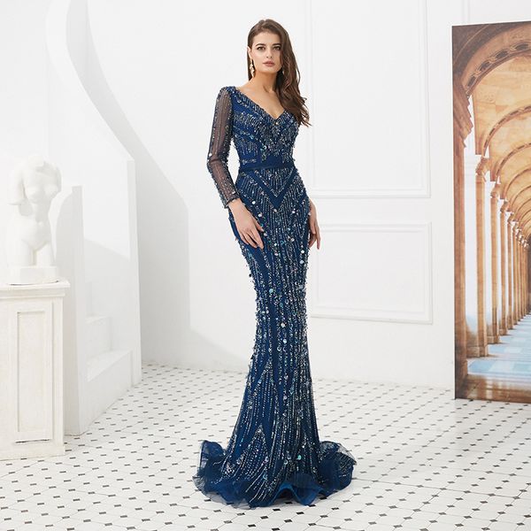2019 crystal beaded long sleeve evening dresses v neckline mermaid cut blue tulle women evening gown, White;black
2019 crystal beaded long sleeve evening dresses v neckline mermaid cut blue tulle women evening gown, White;black