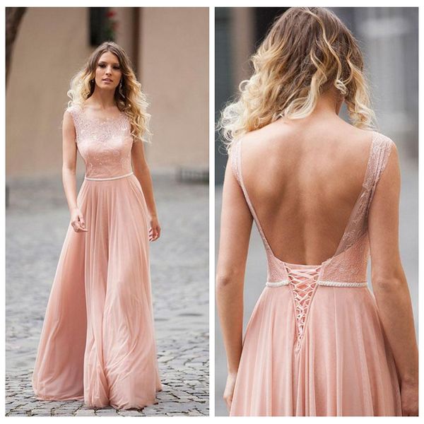 lace scoop a-line bridesmaids dresses chiffon long 2021 lace up back sweep train long backless honor of maid simple vestidos de soiree, White;pink 
lace scoop a-line bridesmaids dresses chiffon long 2021 lace up back sweep train long backless honor of maid simple vestidos de soiree, White;pink