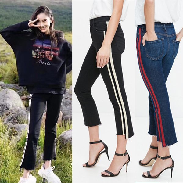 european and american style mo black white stripe irregular micro brushed edge jeans for women's thin campus retro style, Blue
european and american style mo black white stripe irregular micro brushed edge jeans for women's thin campus retro style, Blue